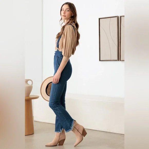 NWT-Striped Pattern Stretched Suspender Denim Jumpsuit - Picture 5 of 7
